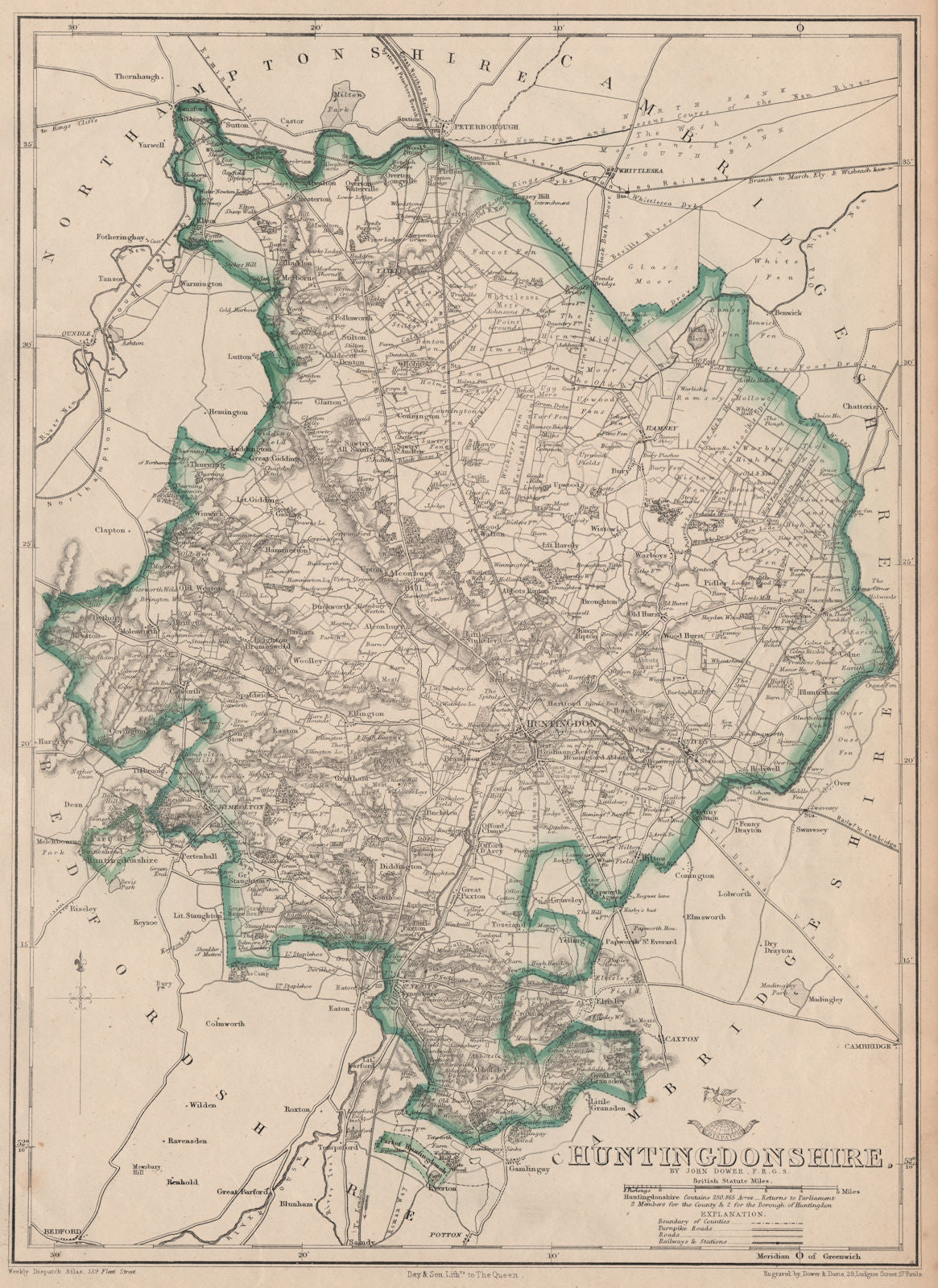 HUNTINGDONSHIRE county map. Shows 2 exclaves. Railways.DOWER/BR DAVIES 1863